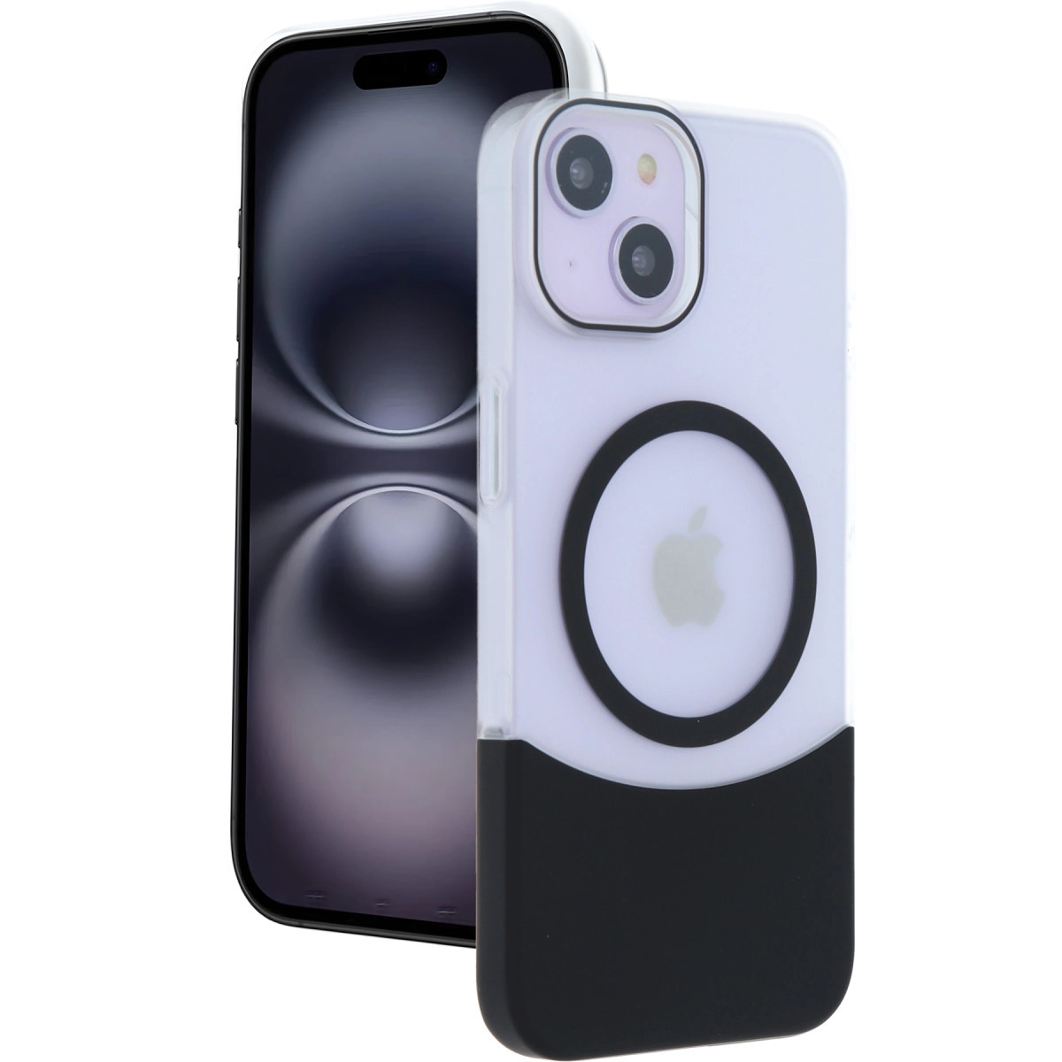 Arkası üzerinde yatan, beyaz ve siyah kılıflı bir iPhone.