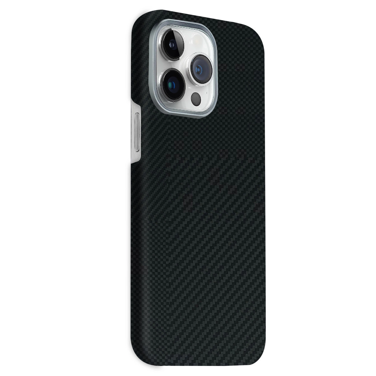 Karbon fiber desenli ve kamera oyuklu siyah telefon kılıfı.
