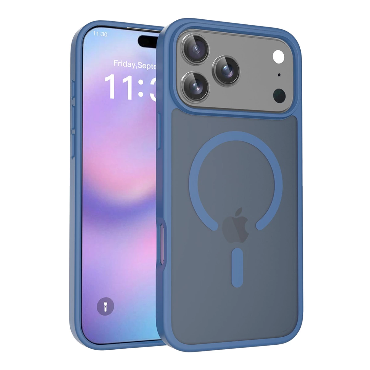 Dairesel manyetik şarj gösteren kılıflı mavi bir iPhone.