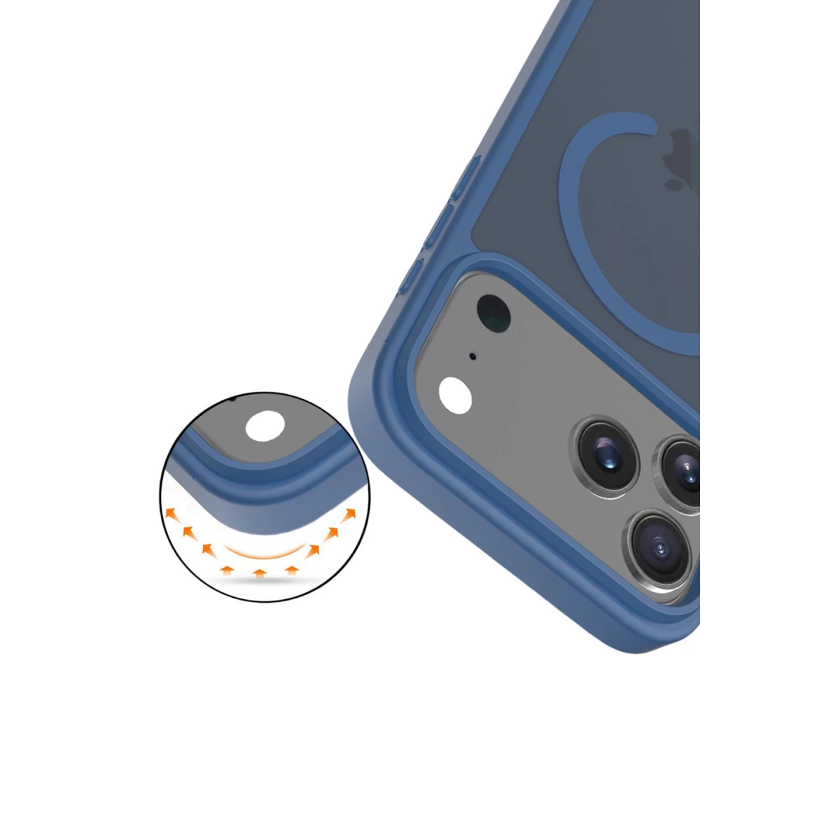 Kameralı ve yakın çekim detaylı mavi telefon kılıfı.