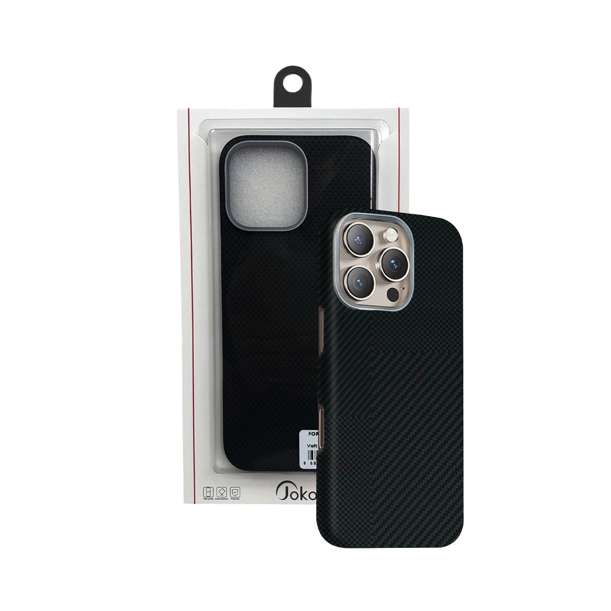 Siyah karbon desenli iPhone kılıfı ambalajda ve telefonda.