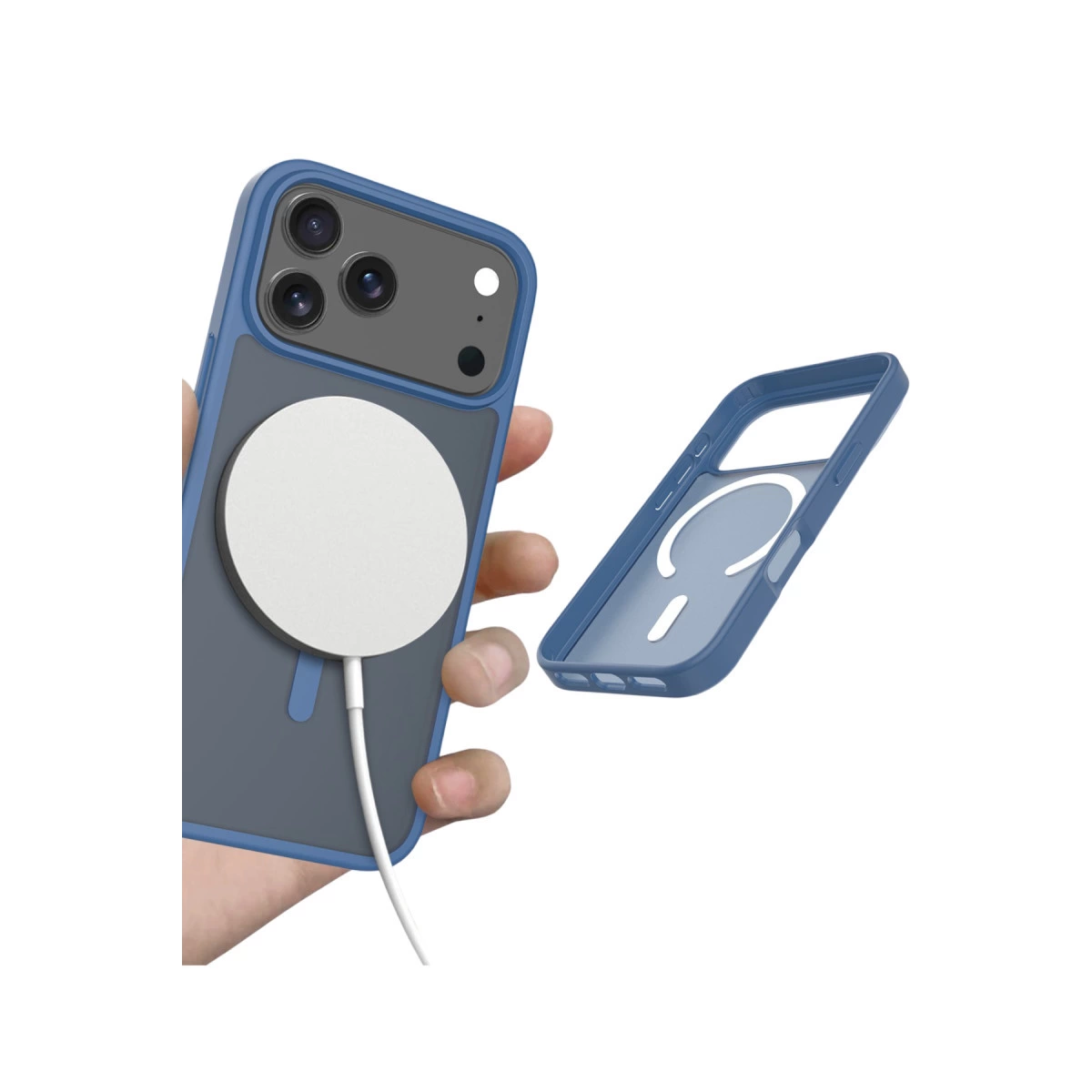 Bir el, MagSafe şarj cihazlı mavi telefon kılıfı tutuyor. Yakında başka bir kılıf süzülüyor.