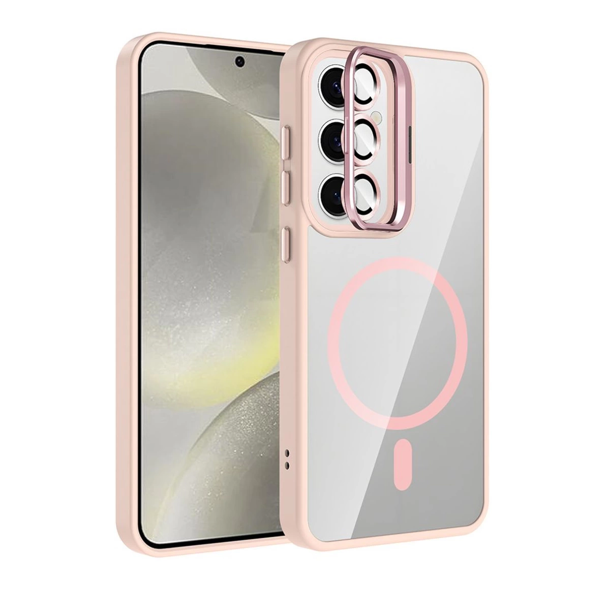 Pembe altın çerçeveli ve kamera korumalı şeffaf telefon kılıfı.