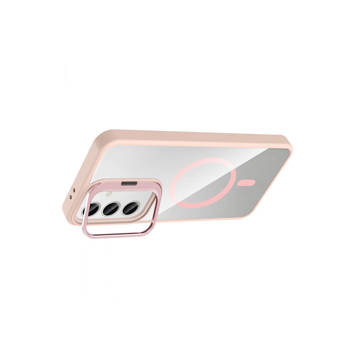 Üç kamera lensi gösteren, şeffaf arkalı pembe telefon kılıfı.