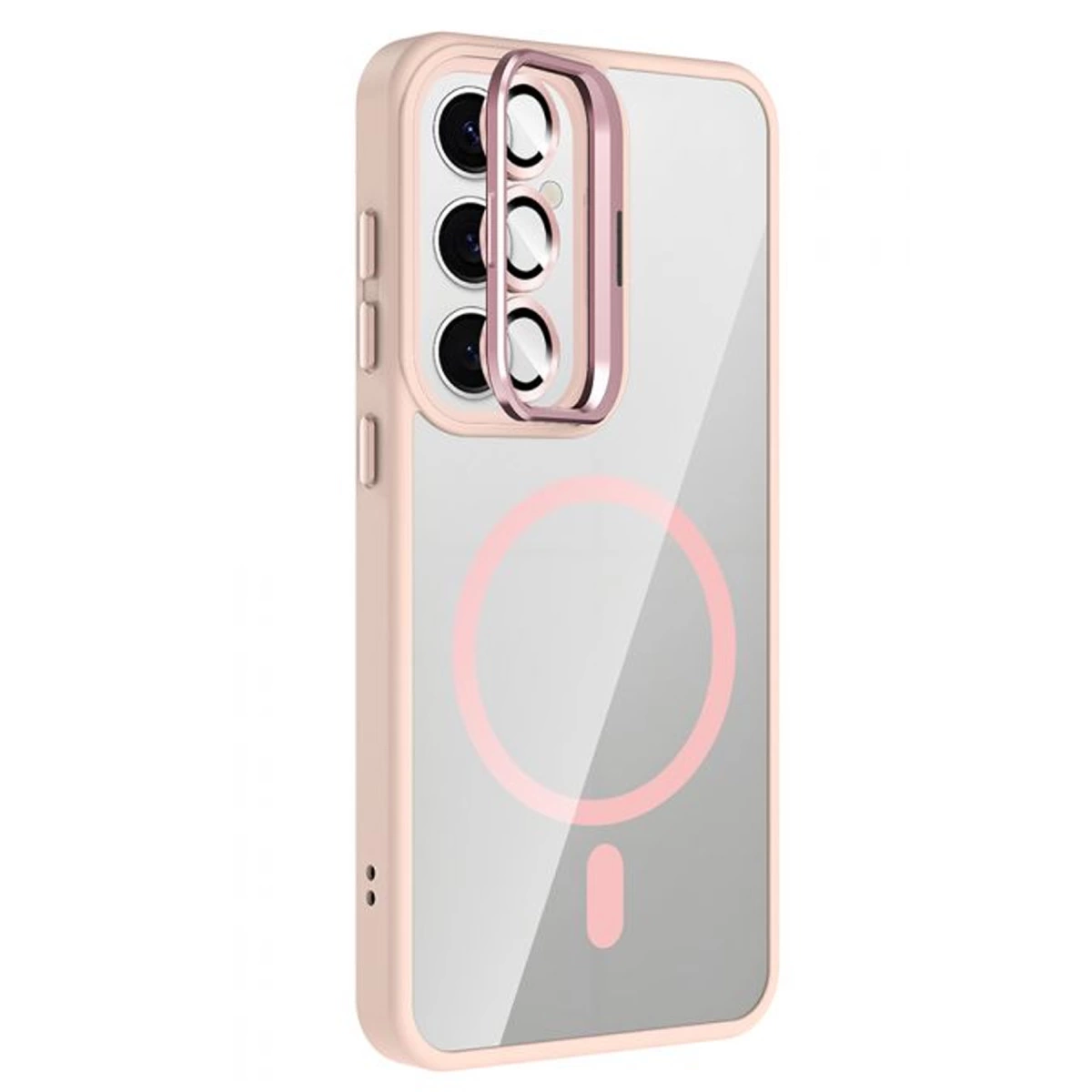 Pembe çerçeveli ve kamera kapaklı şeffaf telefon kılıfı.