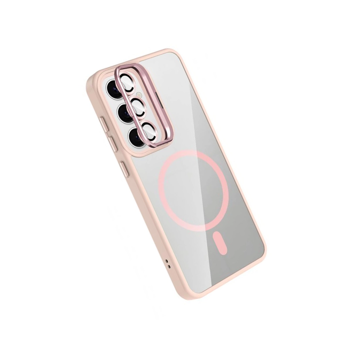 Pembe çerçeveli ve lens korumalı şeffaf telefon kılıfı.