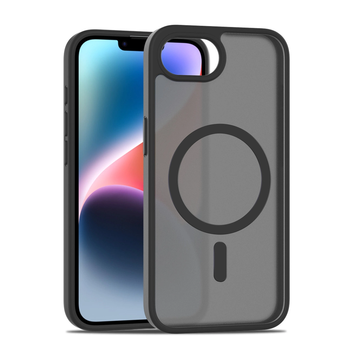 Manyetik halkalı şeffaf kılıflı siyah iPhone.