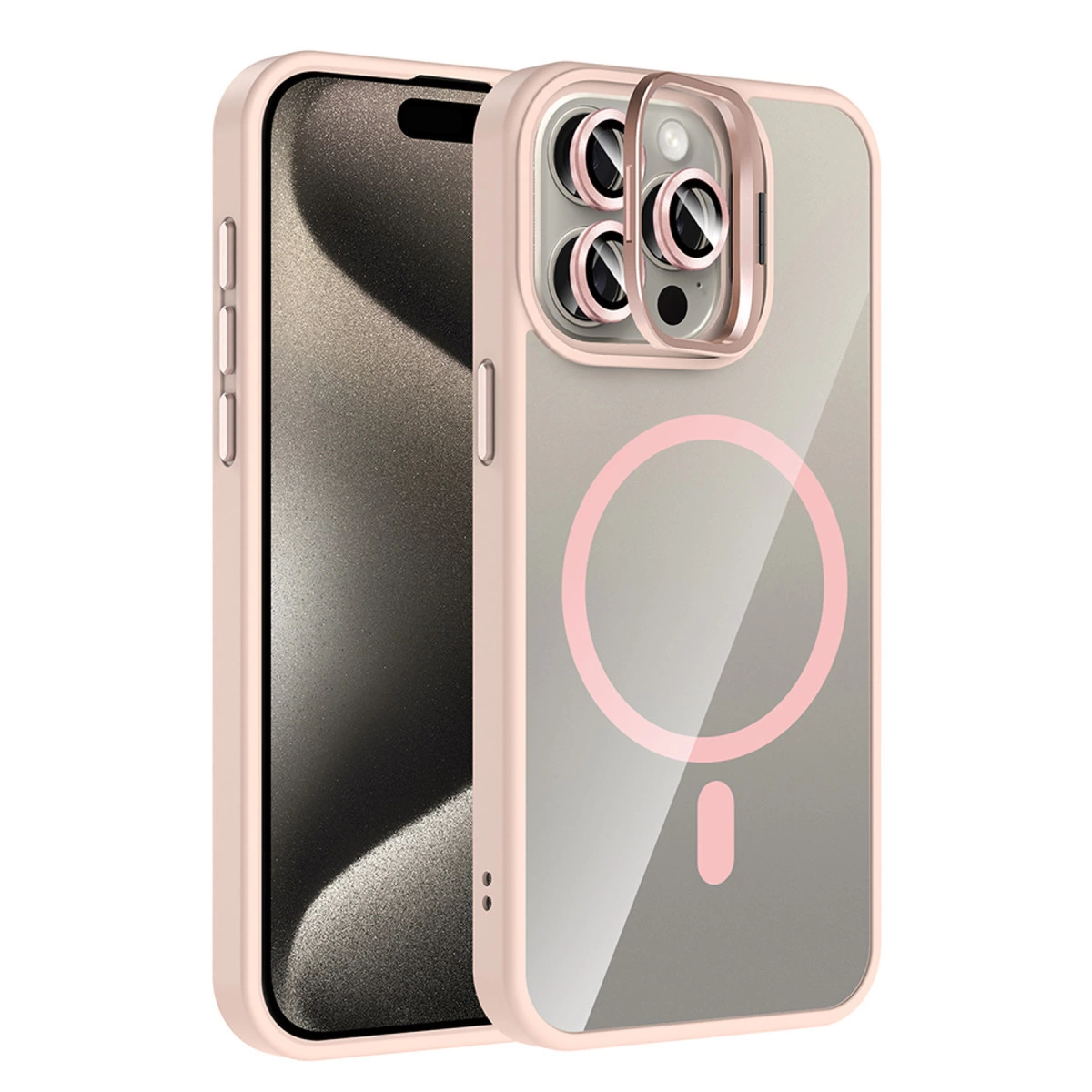 Bir telefonda MagSafe halkalı pembe telefon kılıfı.