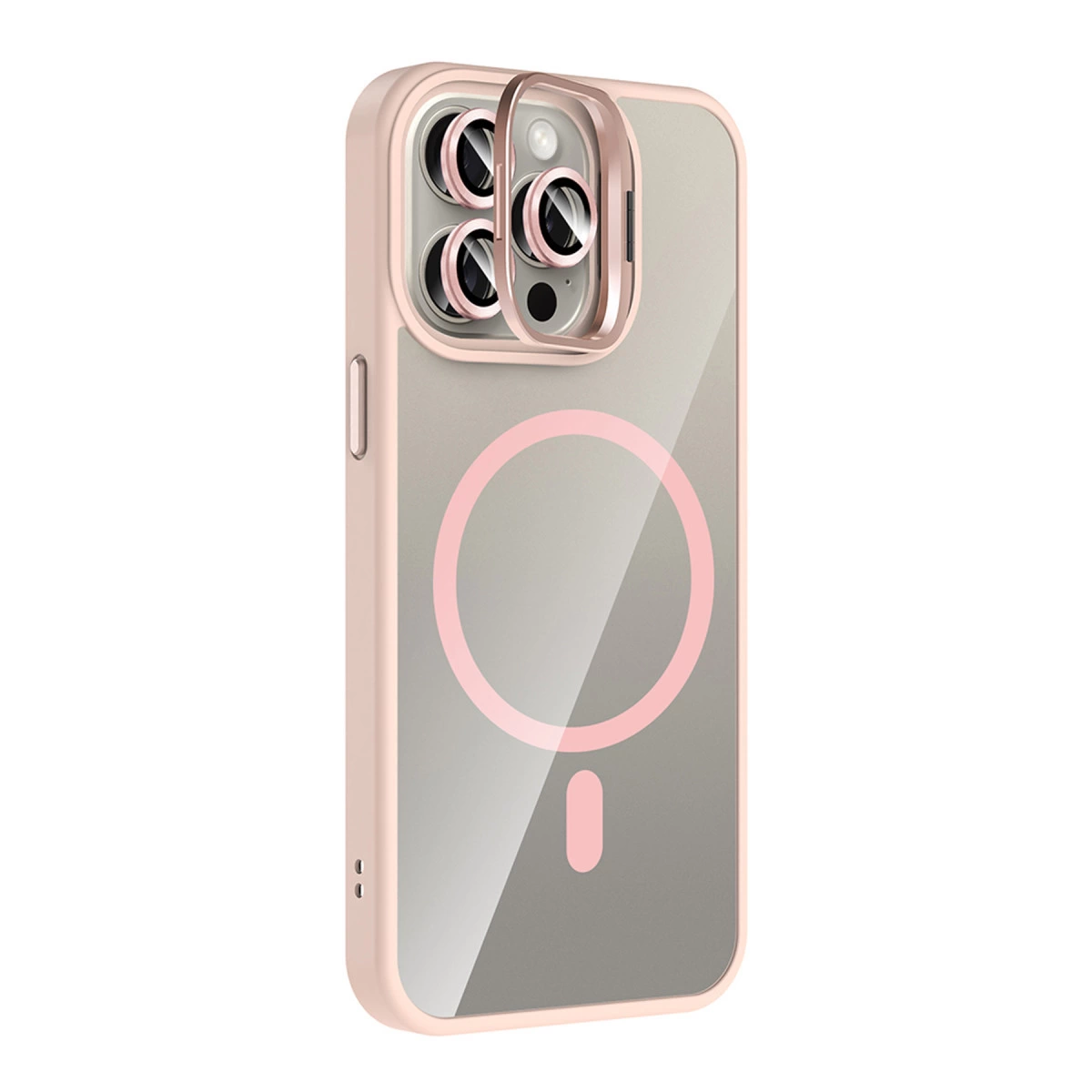 Şeffaf arka ve kamera çerçeveli pembe telefon kılıfı.