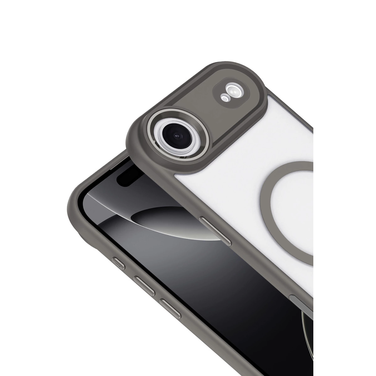 Kamera çıkıntılı gri iPhone kılıfı, beyaz arka plan.