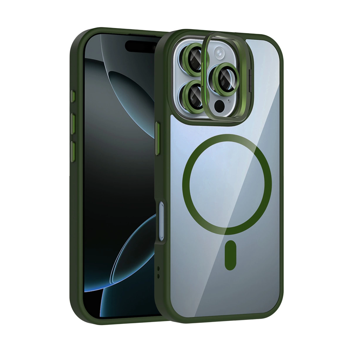 NEWFACE iPhone 16 Pro Uyumlu Remim Lensli Magsafe Standlı Kapak Telefon Kılıfı Koyu Yeşil
