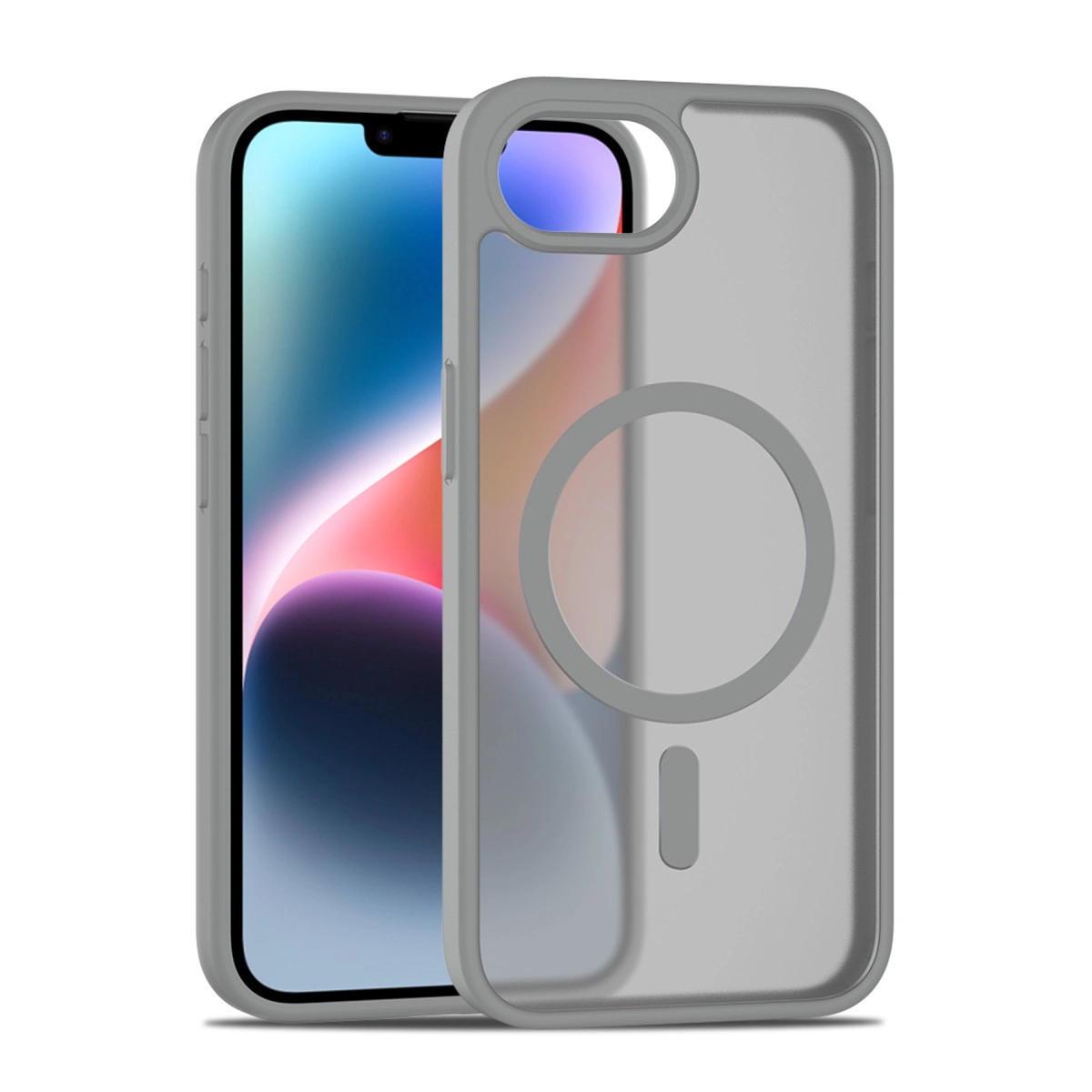 Renkli ekranlı telefonda MagSafe halkalı gri telefon kılıfı.