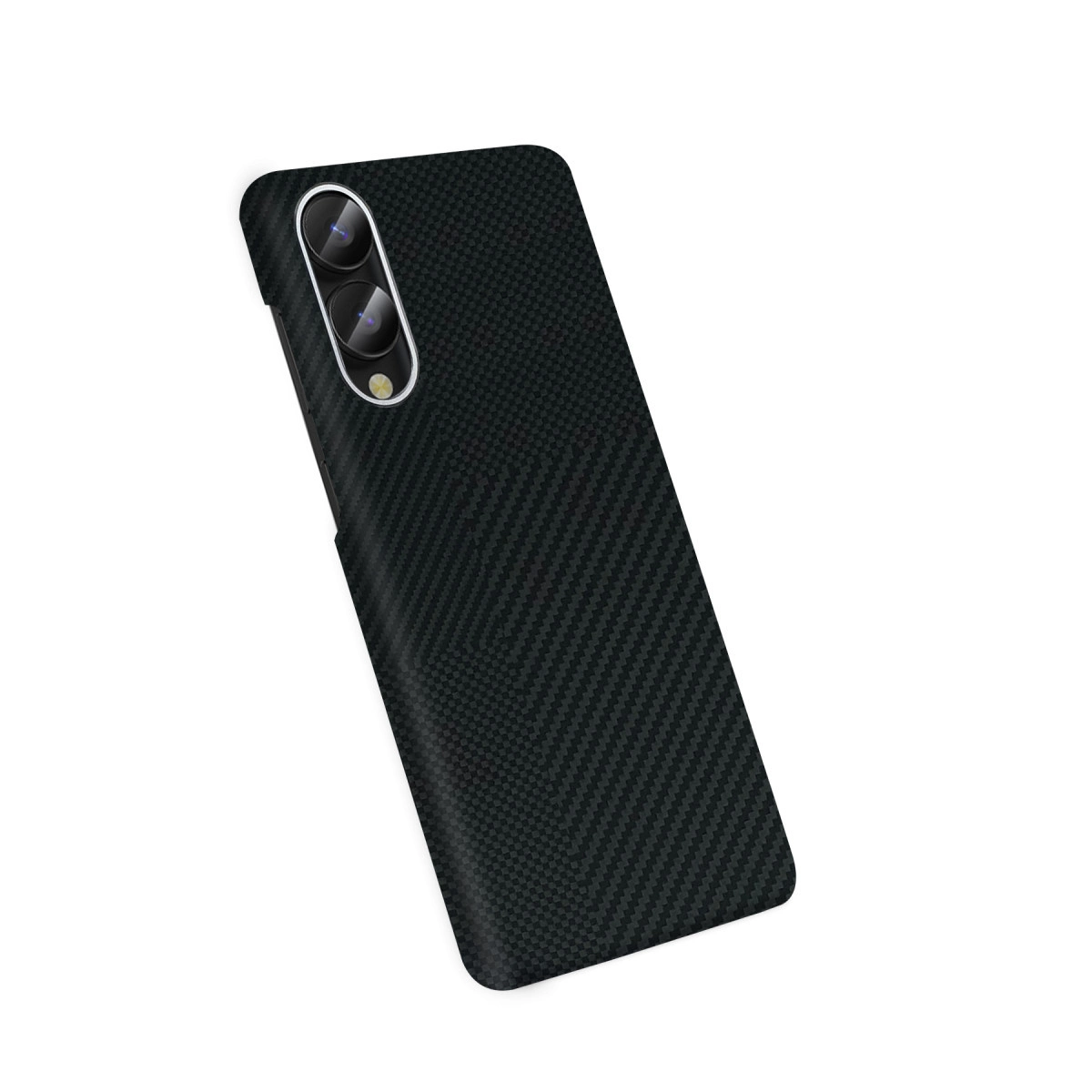 Karbon fiber dokulu, oval kamera modüllü siyah telefon kılıfı.