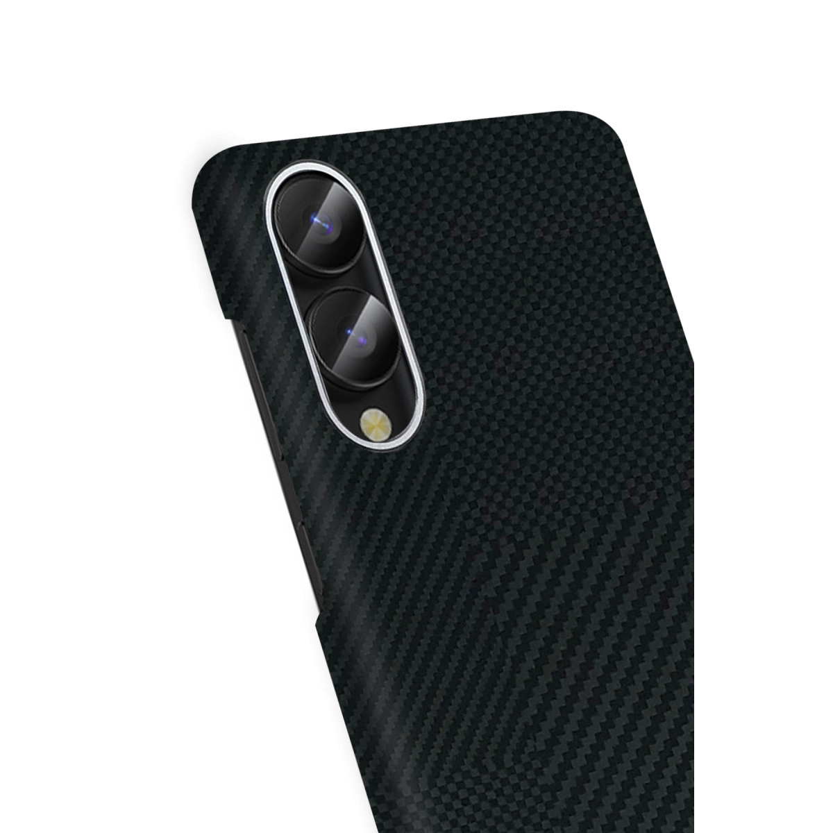 İki kamera lensli siyah karbon telefon kılıfının arkası.