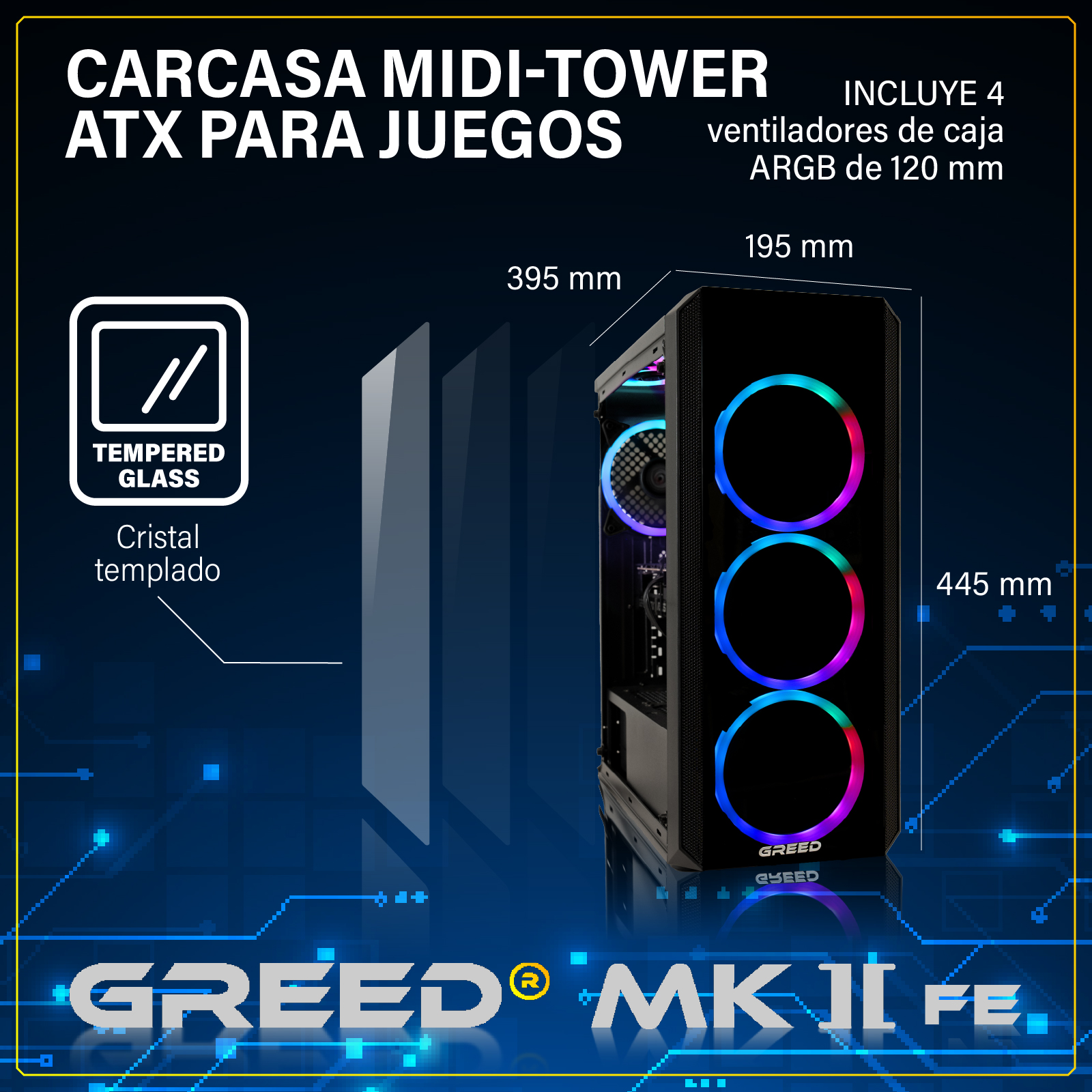 Caja de PC ATX midi-tower negra con ventiladores RGB y frontal de cristal.