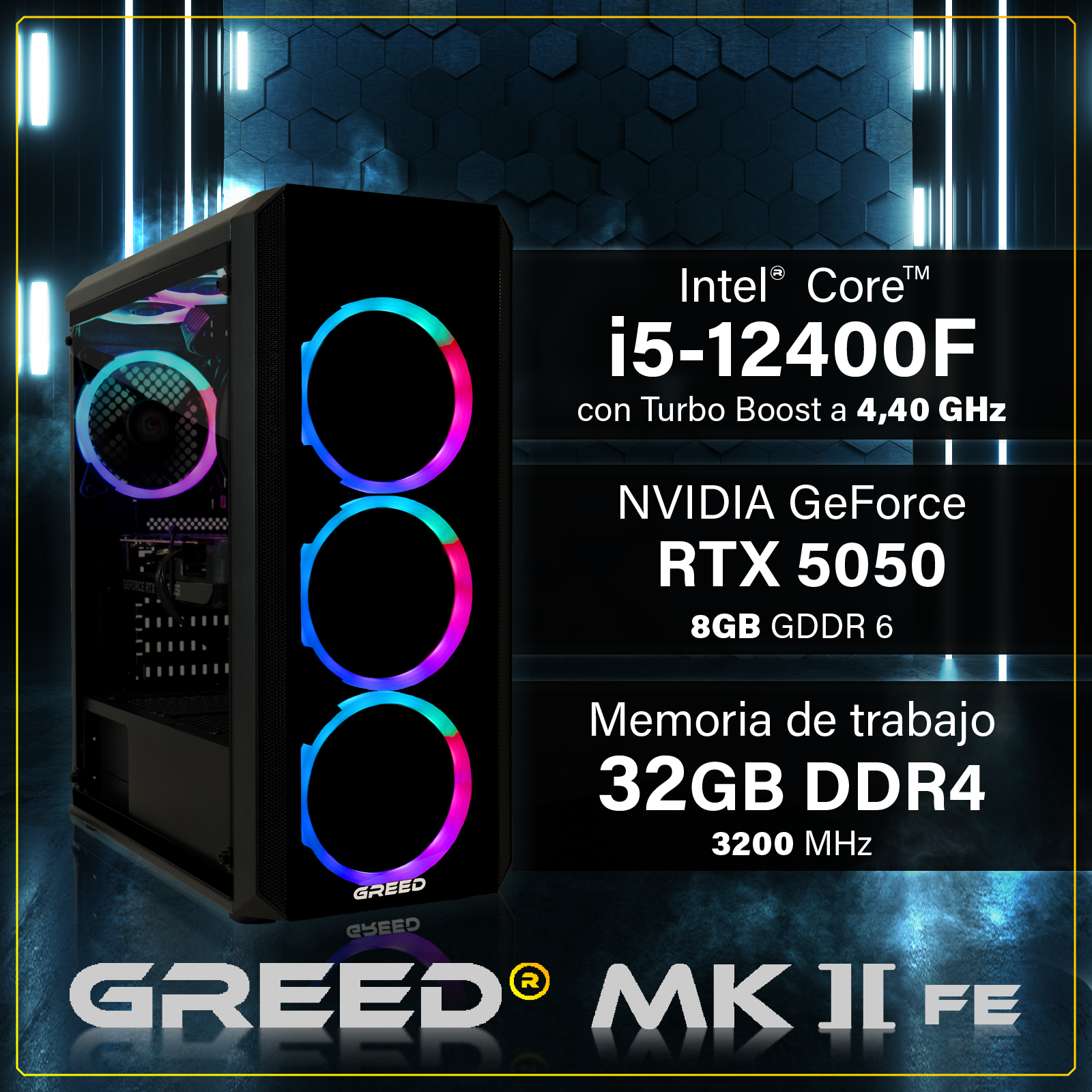 Una caja de PC con ventiladores RGB y especificaciones: Intel i5-12400F, RTX 5050.