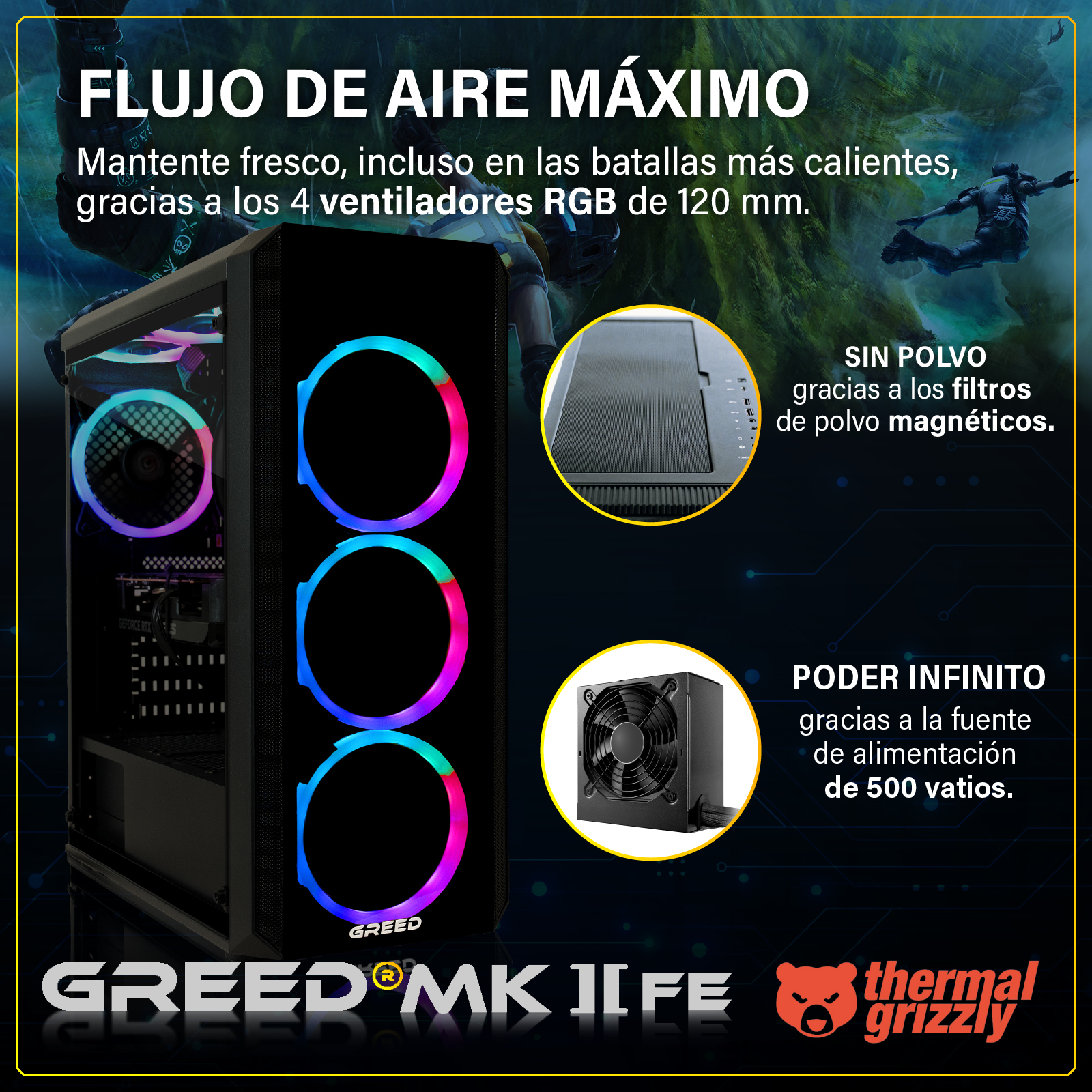Una caja de PC con ventiladores RGB, fuente de alimentación y filtros.