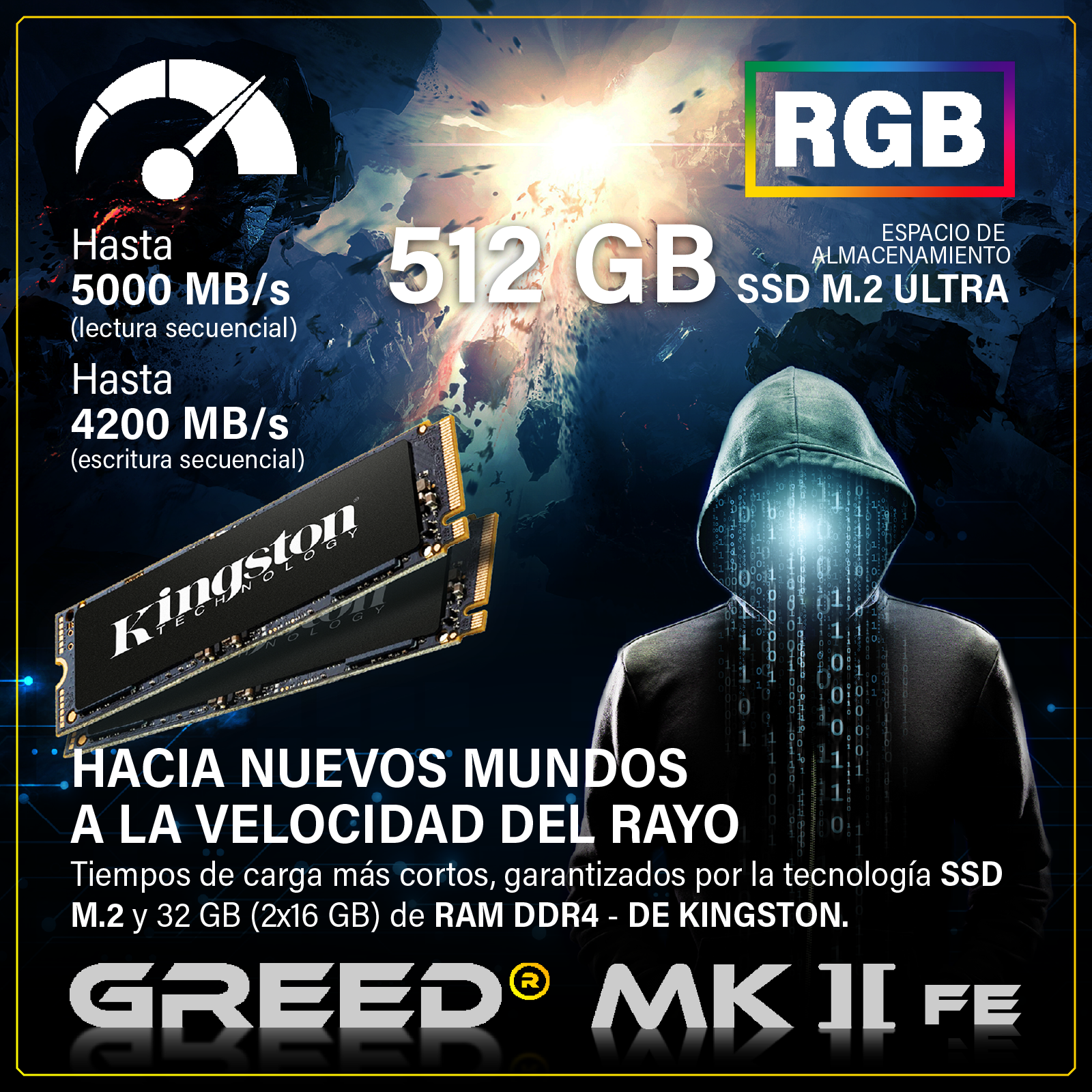 SSD de 512 GB, RGB, 5000 MB/s lectura, 4200 MB/s escritura.