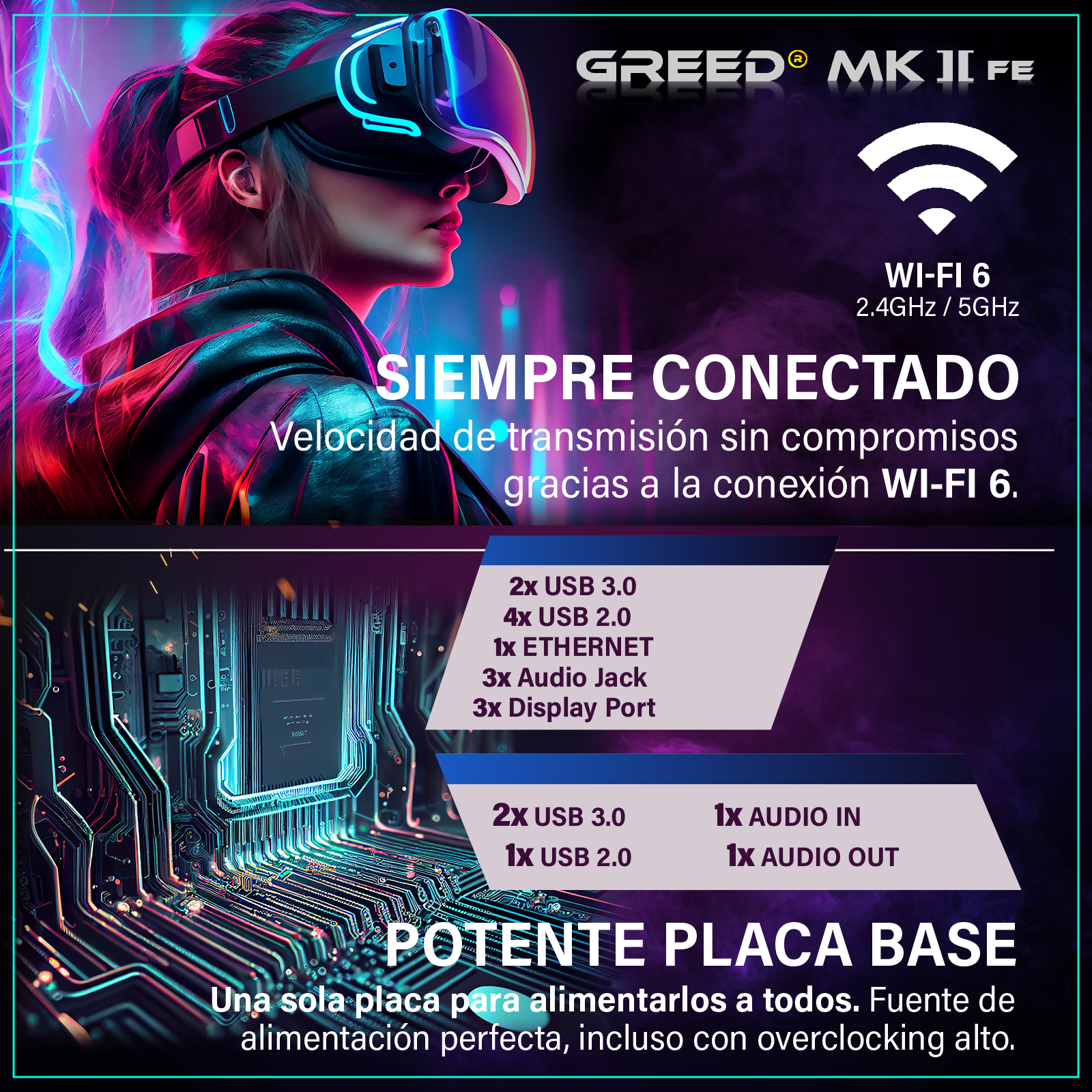 Imagen de persona con gafas VR, Wi-Fi 6 y placa base detallada de ordenador.