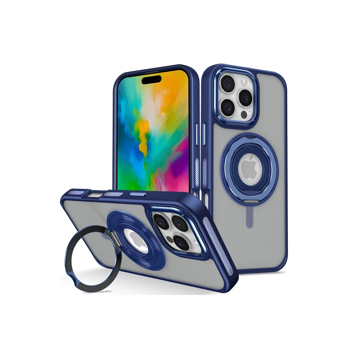 Halka tutuculu ve MagSafe halkalı mavi iPhone kılıfı.