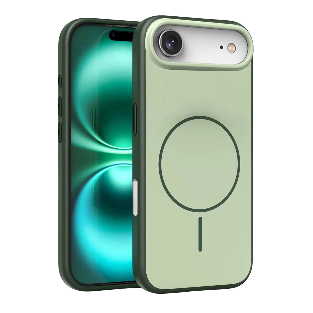Arkada manyetik halkası olan açık yeşil kılıflı koyu yeşil iPhone.