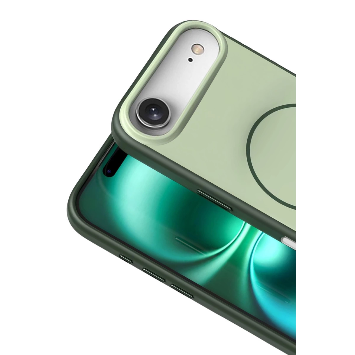 Kamera modüllü ve koyu kenarlı açık yeşil telefon kılıfı.