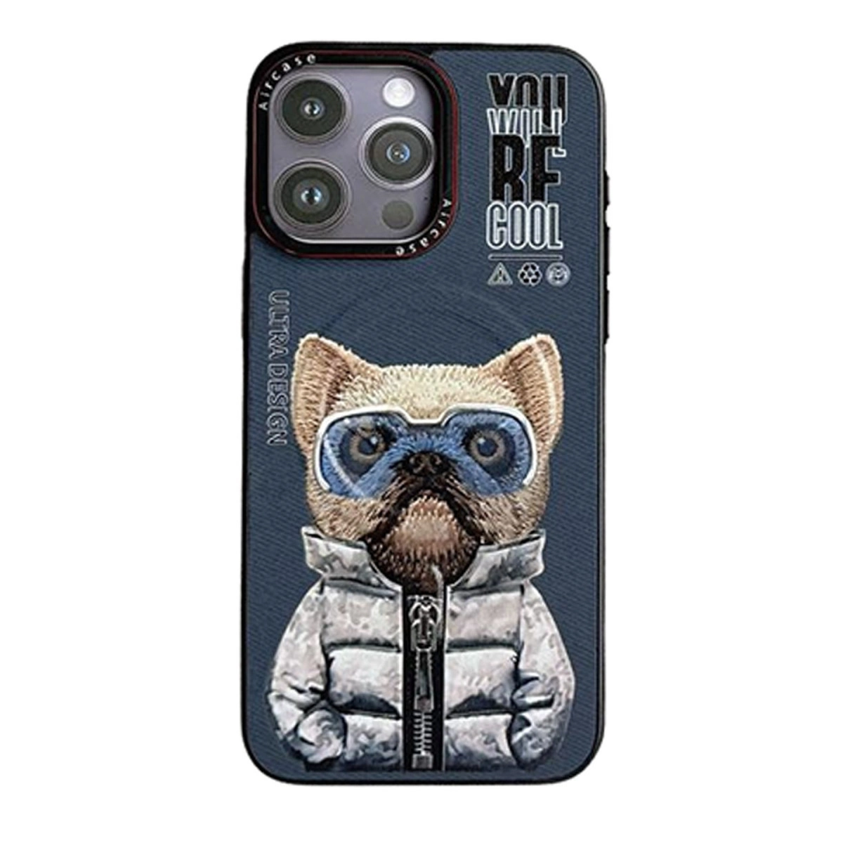 Gözlüklü ve ceketli bir köpek telefon kılıfında.