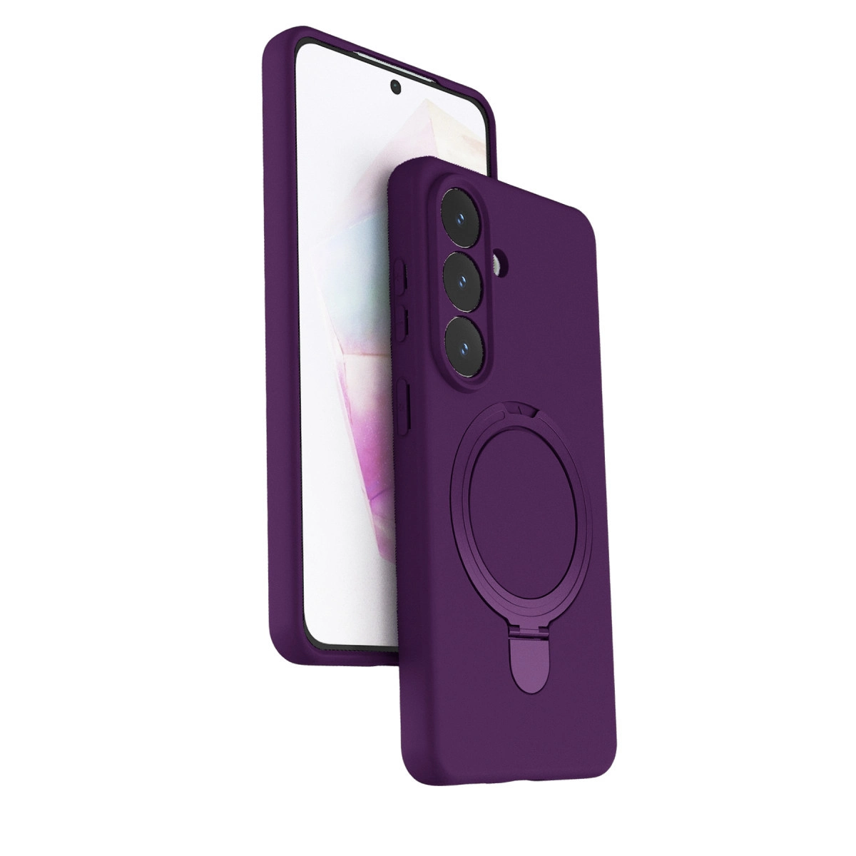 Üç kameralı, halka tutuculu mor telefon kılıfı, beyaz arka plan üzerinde.