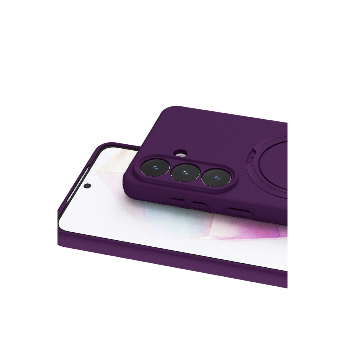 Üç kamera lensli mor telefon kılıfı, beyaz bir akıllı telefon üzerinde.
