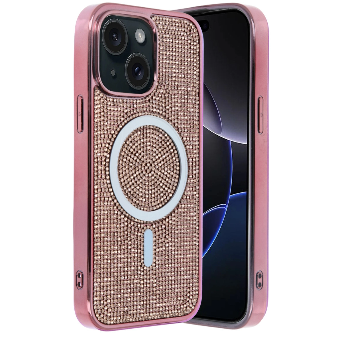 Rose altın rengi iPhone, taşlı kılıf ve MagSafe halkası.