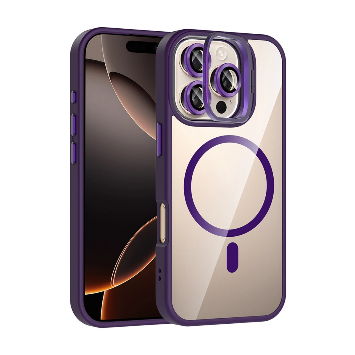 NEWFACE iPhone 16 Pro Uyumlu Remim Lensli Magsafe Standlı Kapak Telefon Kılıfı Derin Mor