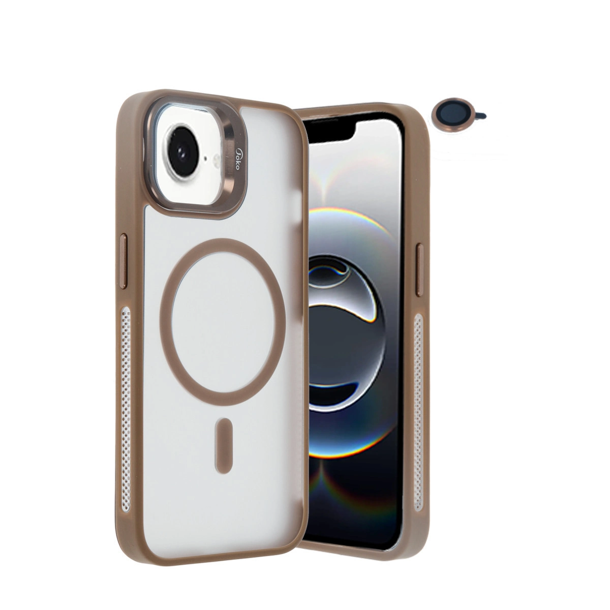 Şeffaf arka ve manyetik halkalı kahverengi iPhone kılıfı bir telefonun yanında gösteriliyor.
