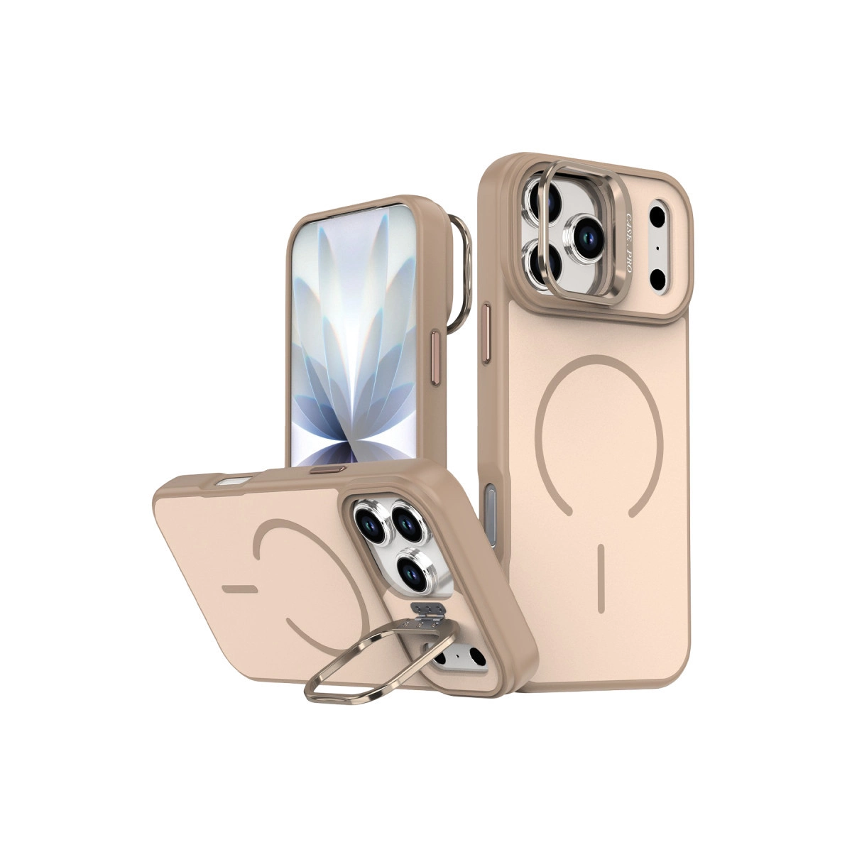 Halka detaylı bej telefon kılıfı standı, beyaz arka plan üzerinde.