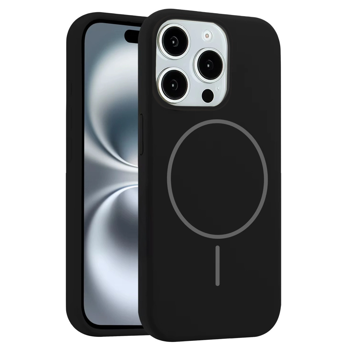 Üç kamera lensli ve manyetik halkalı siyah telefon kılıfı.