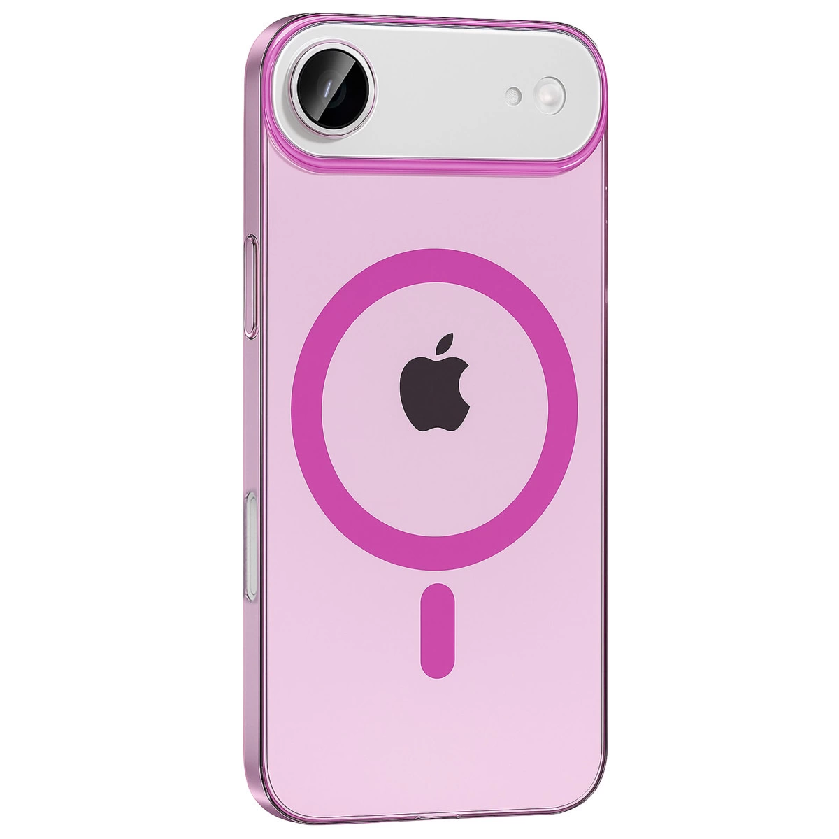 Siyah Apple logosu ve MagSafe halkası olan pembe telefon kılıfı.