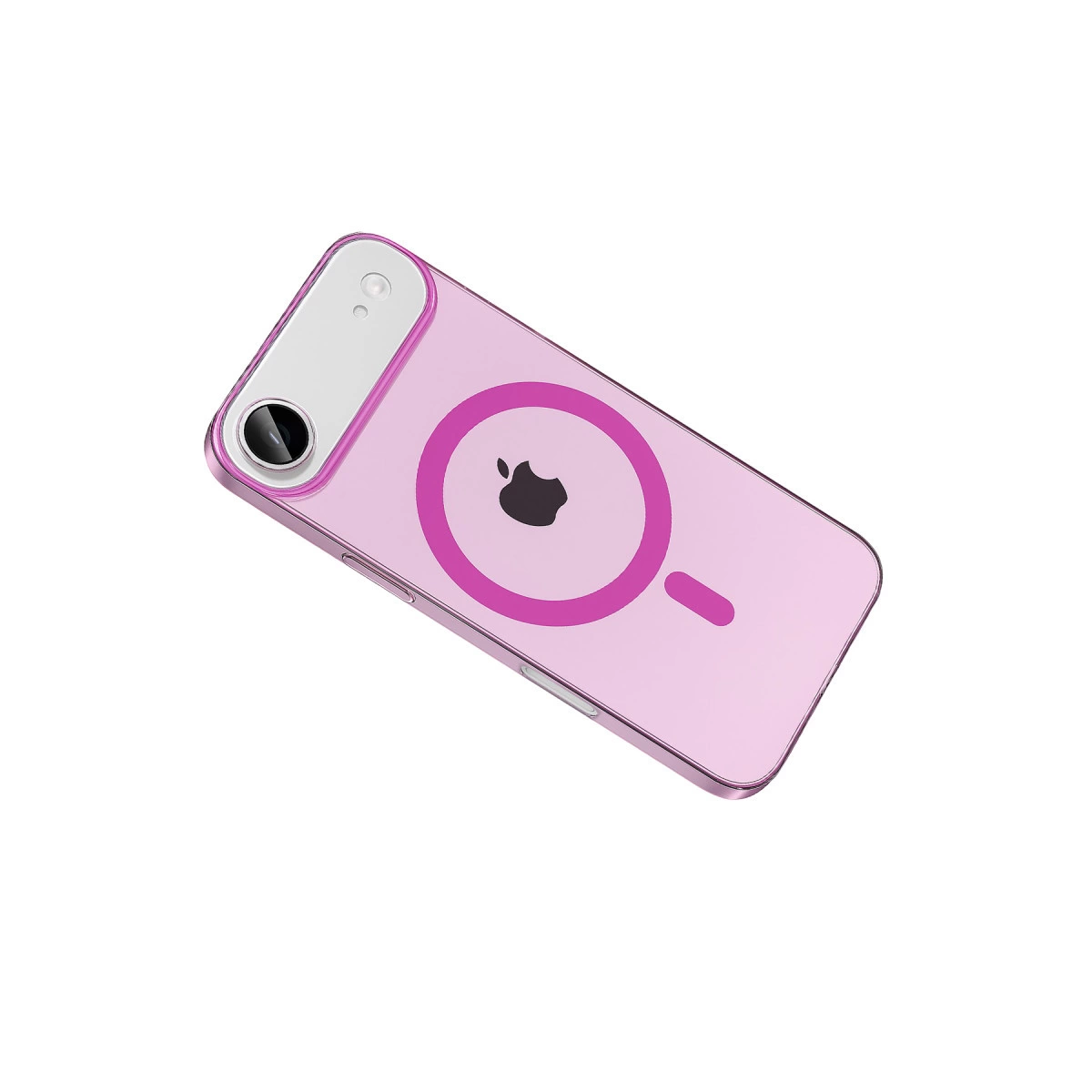 Apple logosu ve manyetik halkası olan pembe iPhone kılıfı.