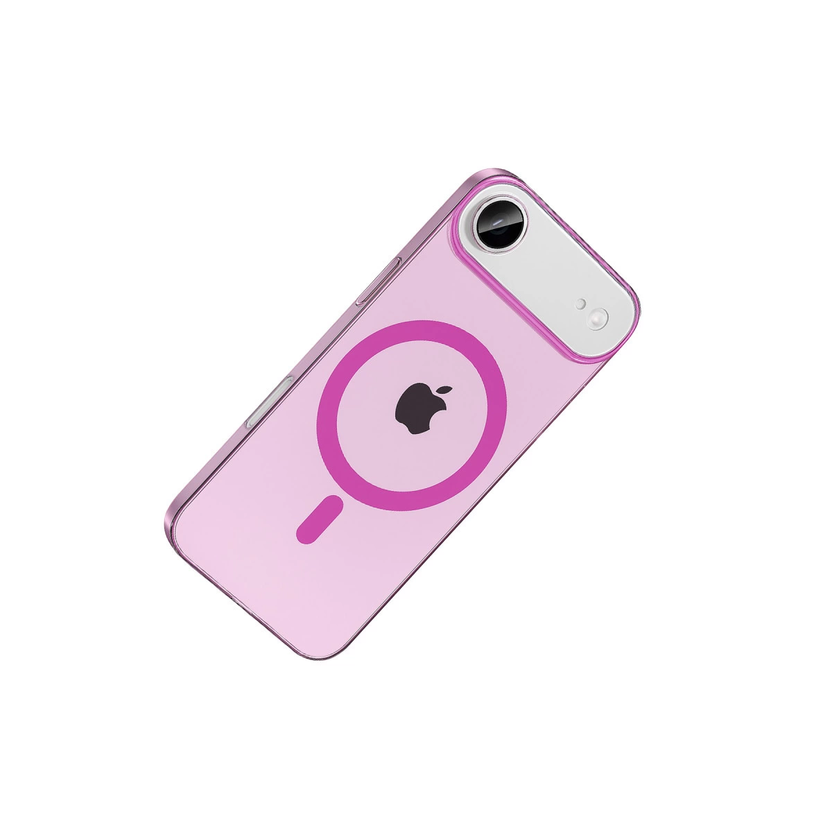 Apple logosu ve manyetik halkası olan şeffaf pembe telefon kılıfı.