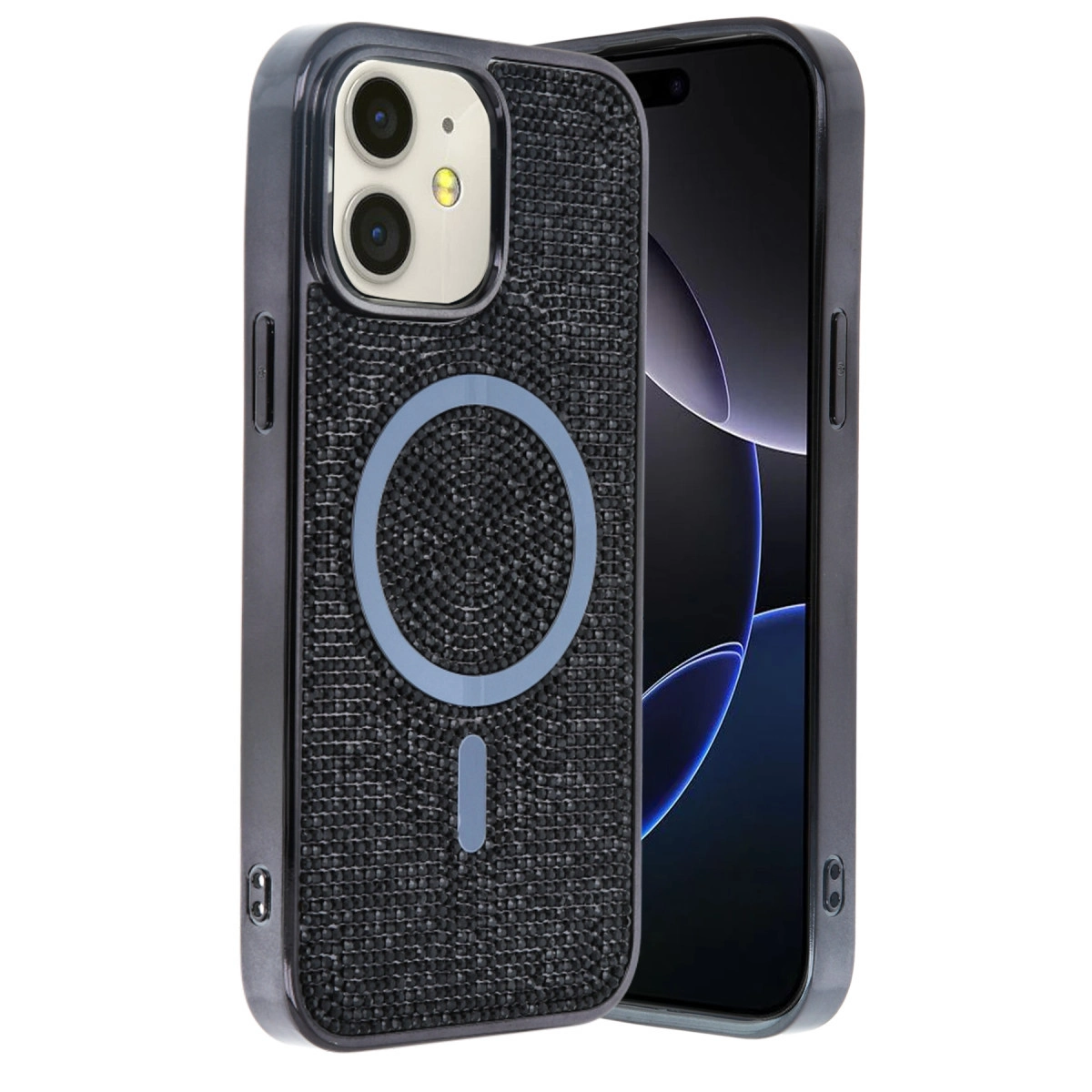 Mıknatıslı halka gösteren dokulu kasalı siyah iPhone.