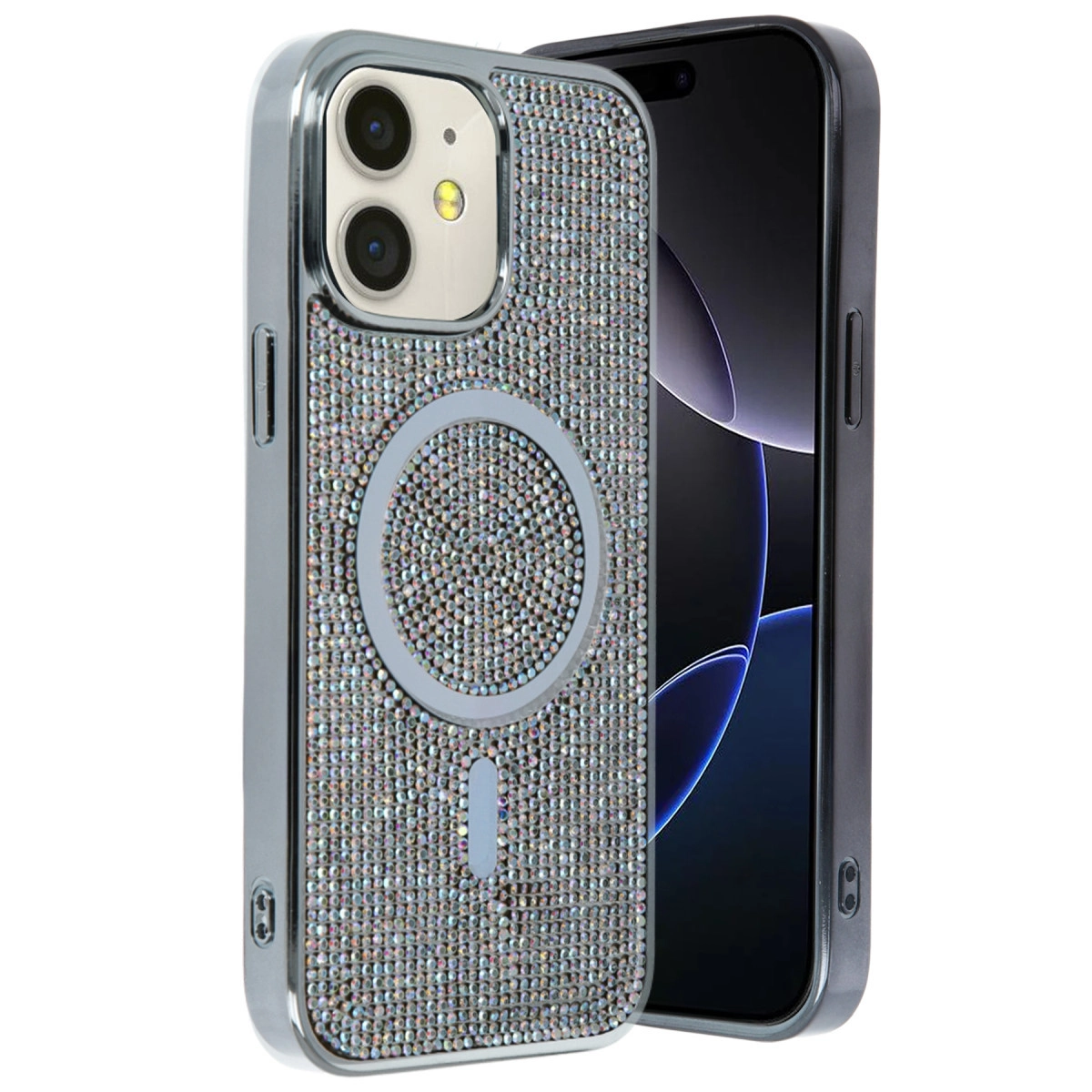 Taşlı ve manyetik halkalı gümüş bir iPhone kılıfı, siyah bir telefonun yanında gösteriliyor.