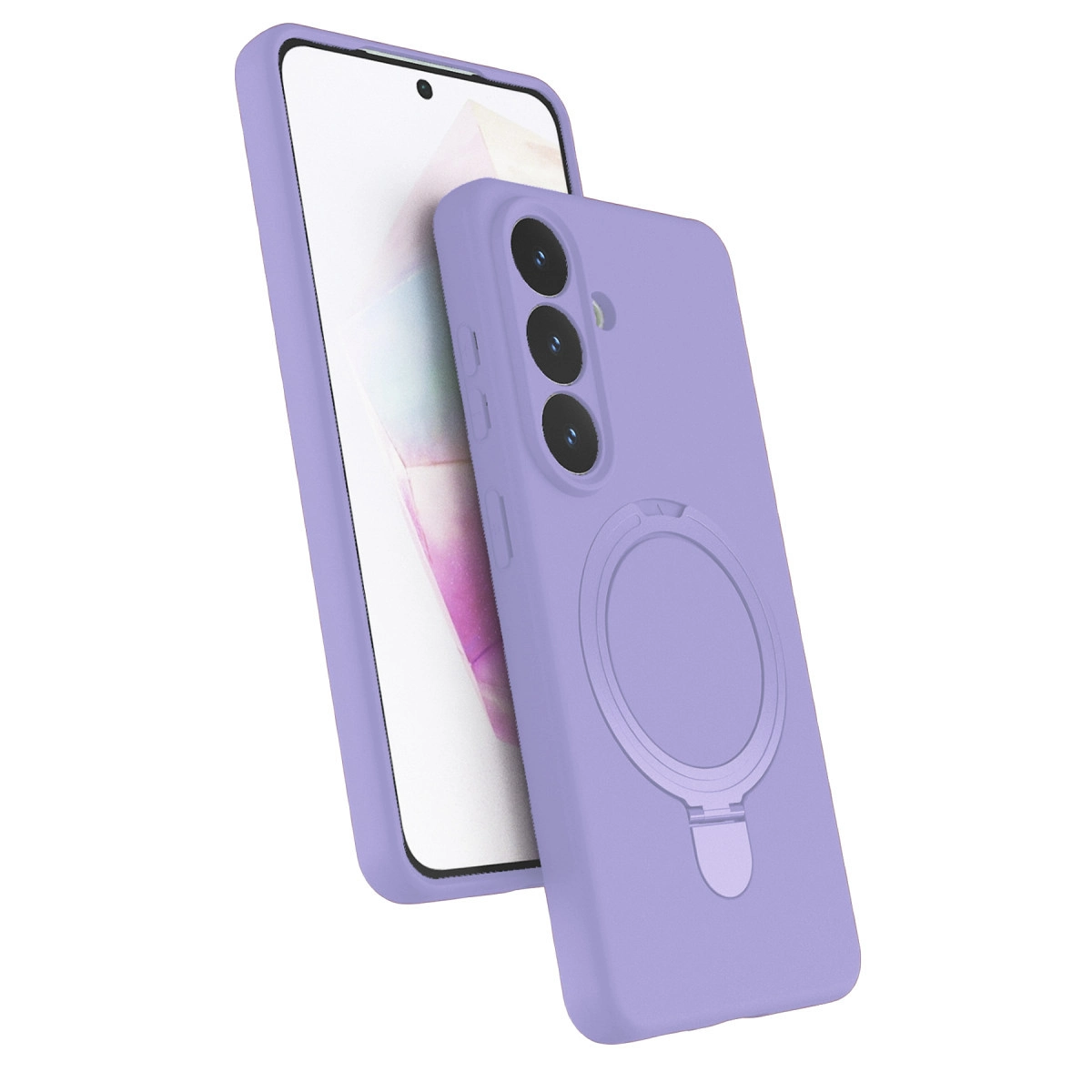 Halkalı mor telefon kılıfı bir telefonun üzerinde.