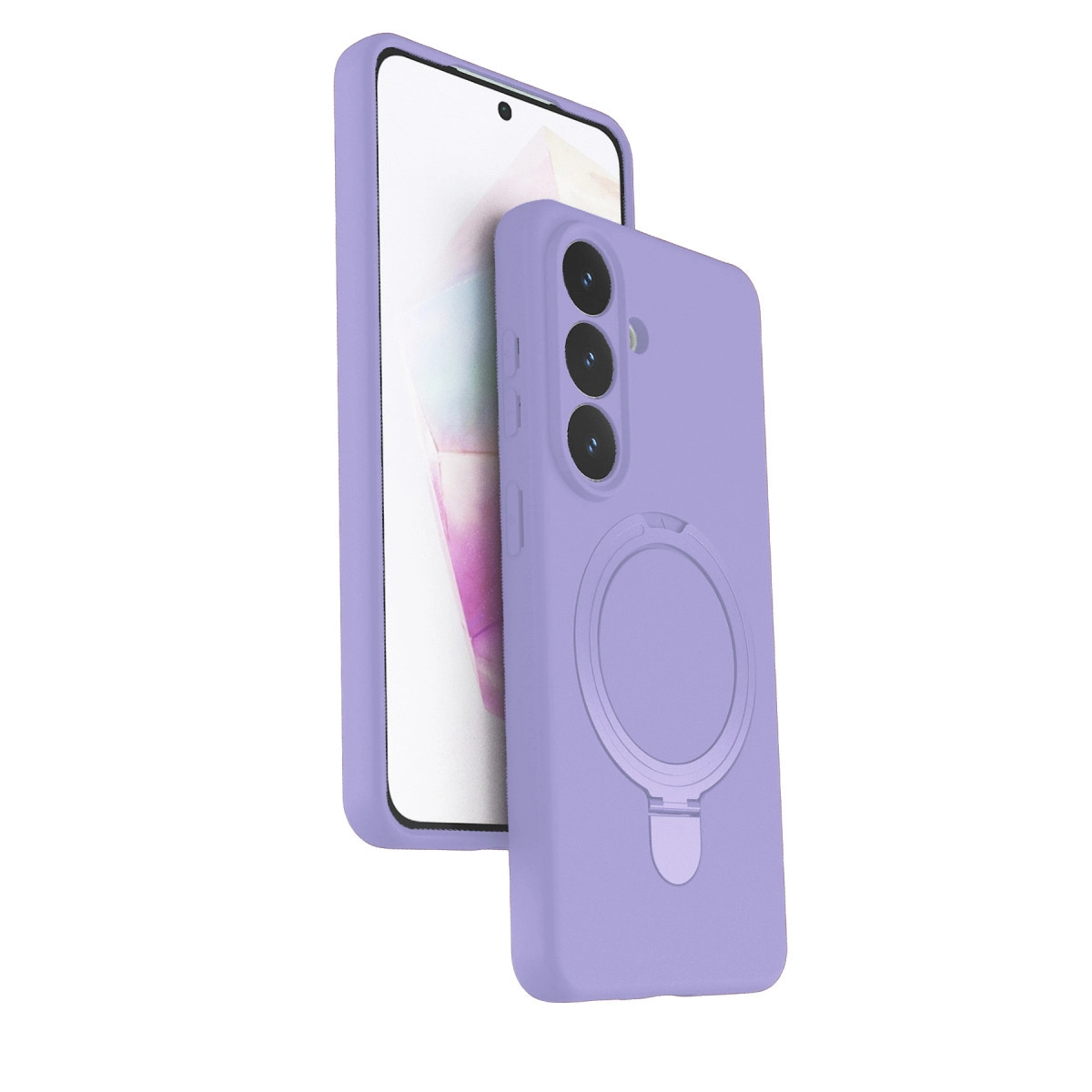 Beyaz zeminde halka tutuculu mor telefon kılıfı gösterilmektedir.