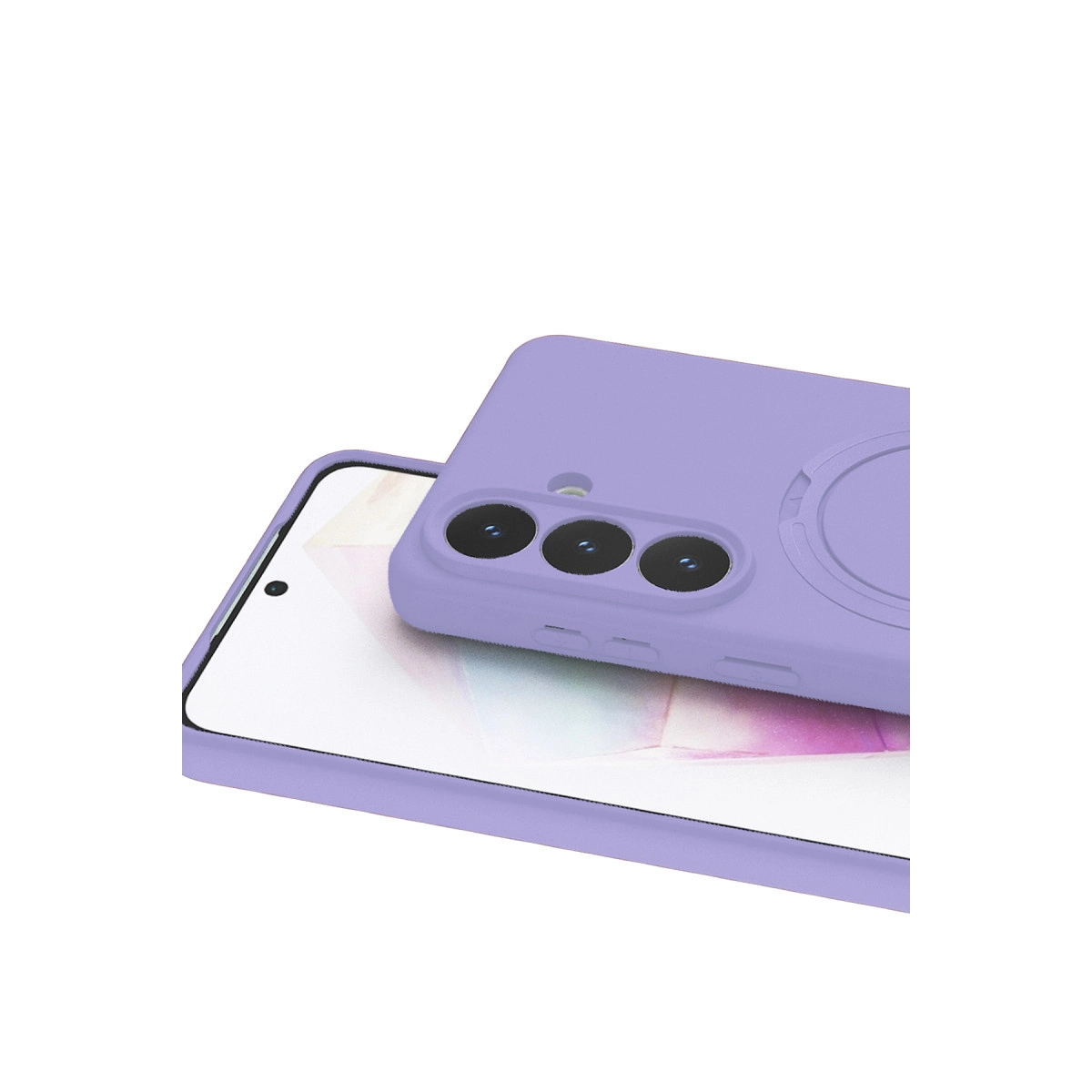 Üç kamera lensli mor telefon kılıfı bir telefonun üzerinde duruyor.