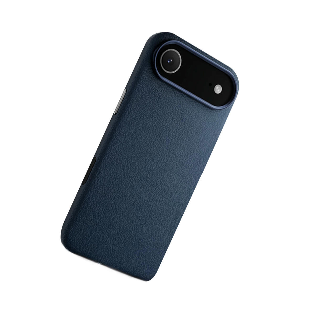 Kamera modülü ve flaşlı lacivert deri telefon kılıfı.