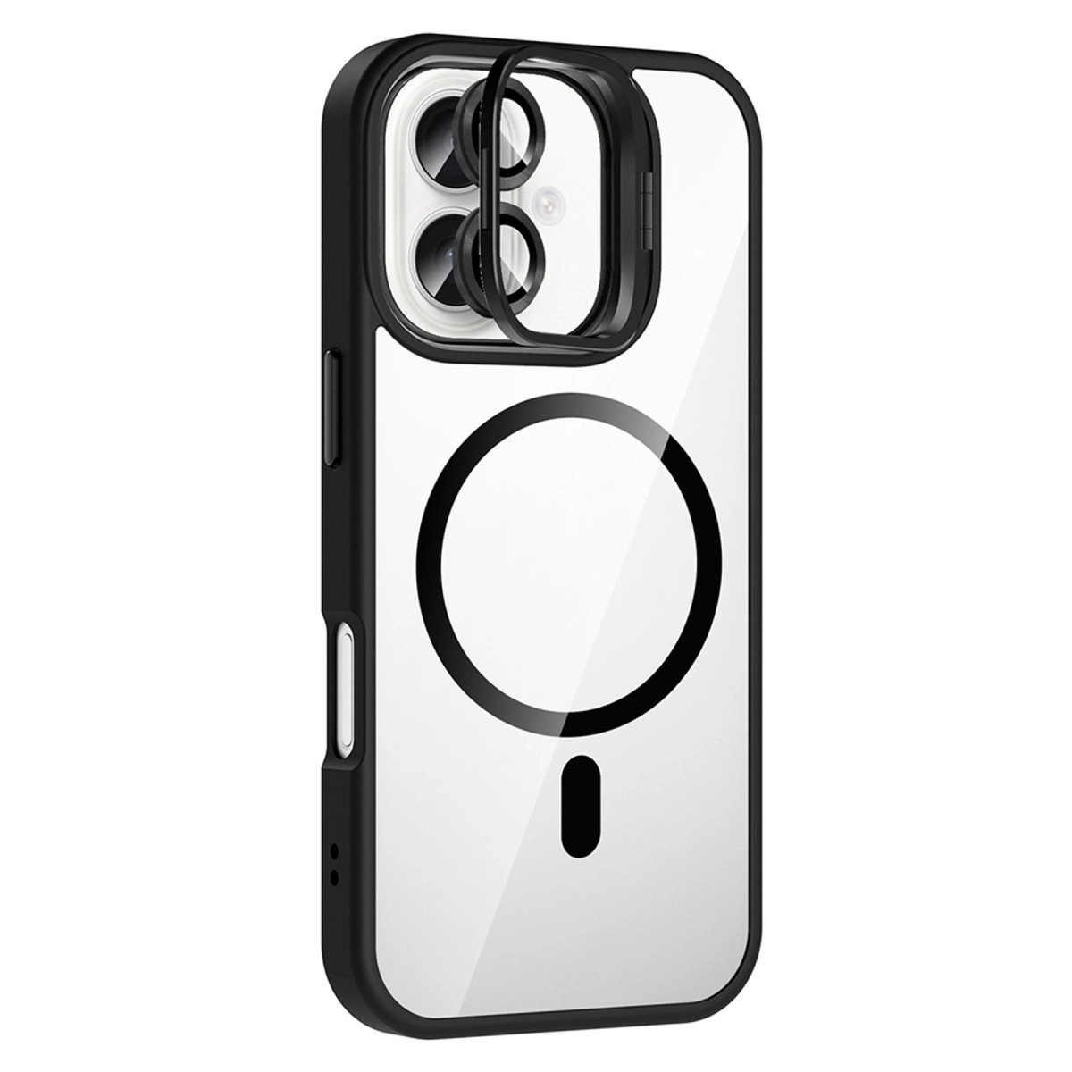 Siyah çerçeveli şeffaf telefon kılıfı, kamera lenslerini ve magsafe halkasını gösteriyor.