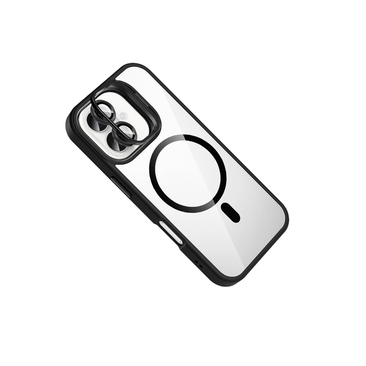 Siyah çerçeveli ve MagSafe halkalı şeffaf telefon kılıfı.