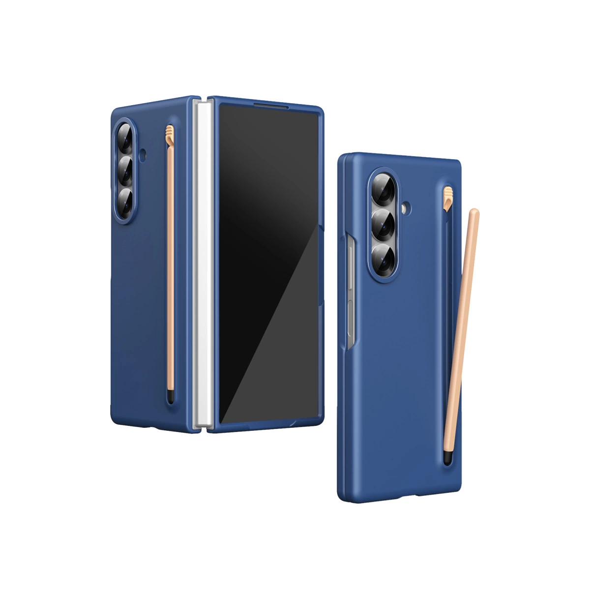 Stylus ve kamera modüllü mavi telefon, beyaz arka plan üzerinde.