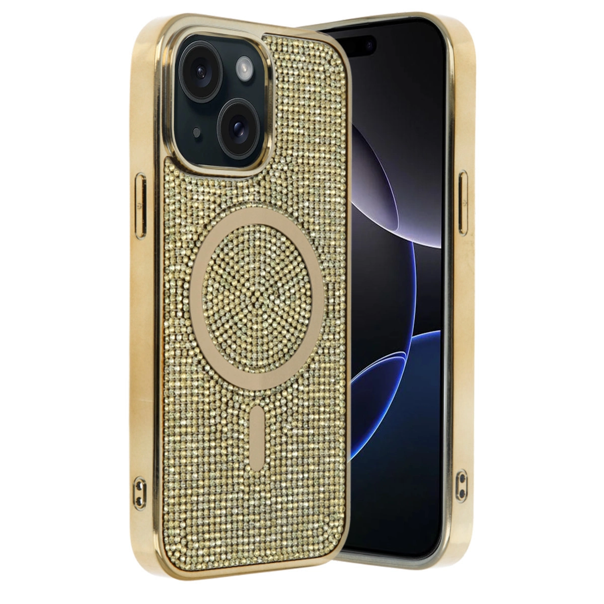 Parıldayan taşlarla süslenmiş altın rengi bir akıllı telefon kılıfı, siyah bir akıllı telefonu kısmen sarmış.
