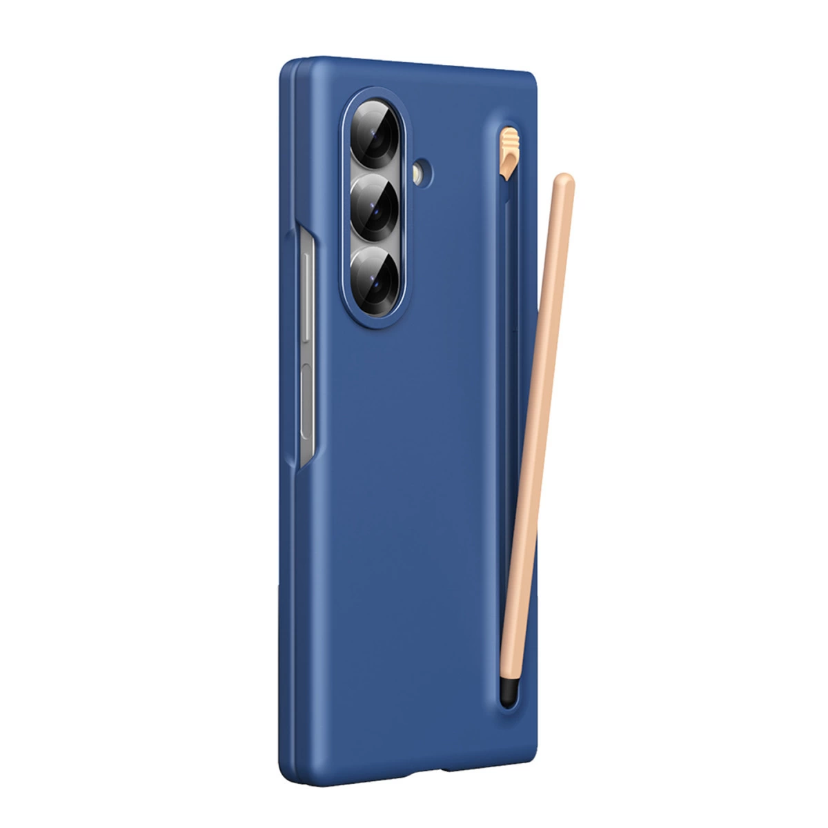 Üç kamera lensli ve yanında kalem bulunan mavi telefon kılıfı.