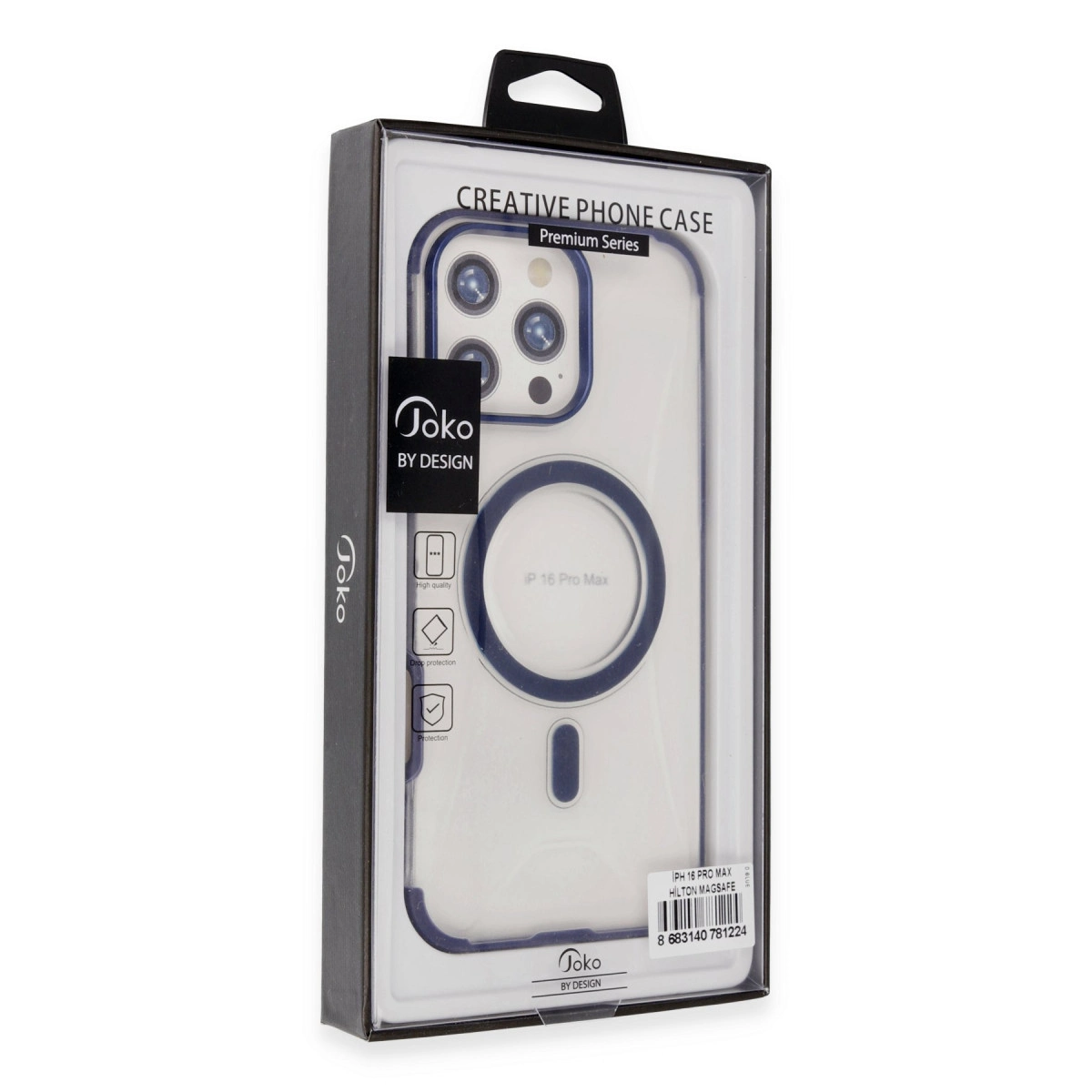 iPhone 16 Pro Max için mavi kenarlı şeffaf iPhone kılıfının ambalajı.