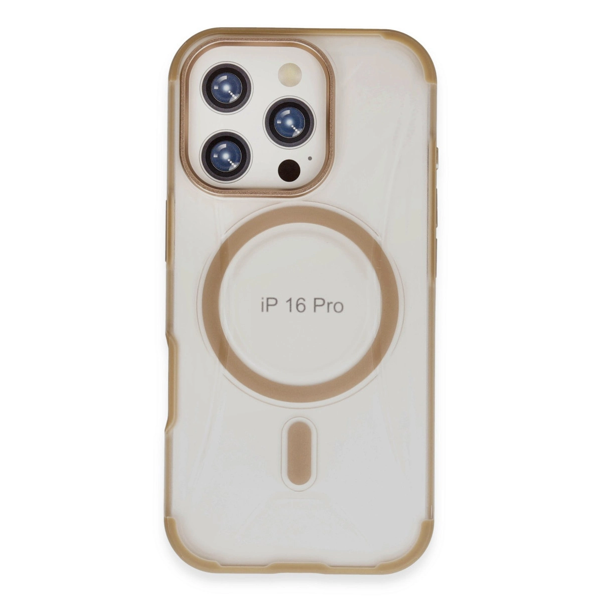 Altın kenarlı şeffaf kılıf ve üç kamera lensi. IP 16 Pro.